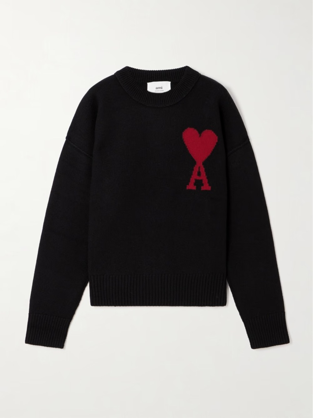 Ami Black Crewneck Sweater with Red Heart A Motif